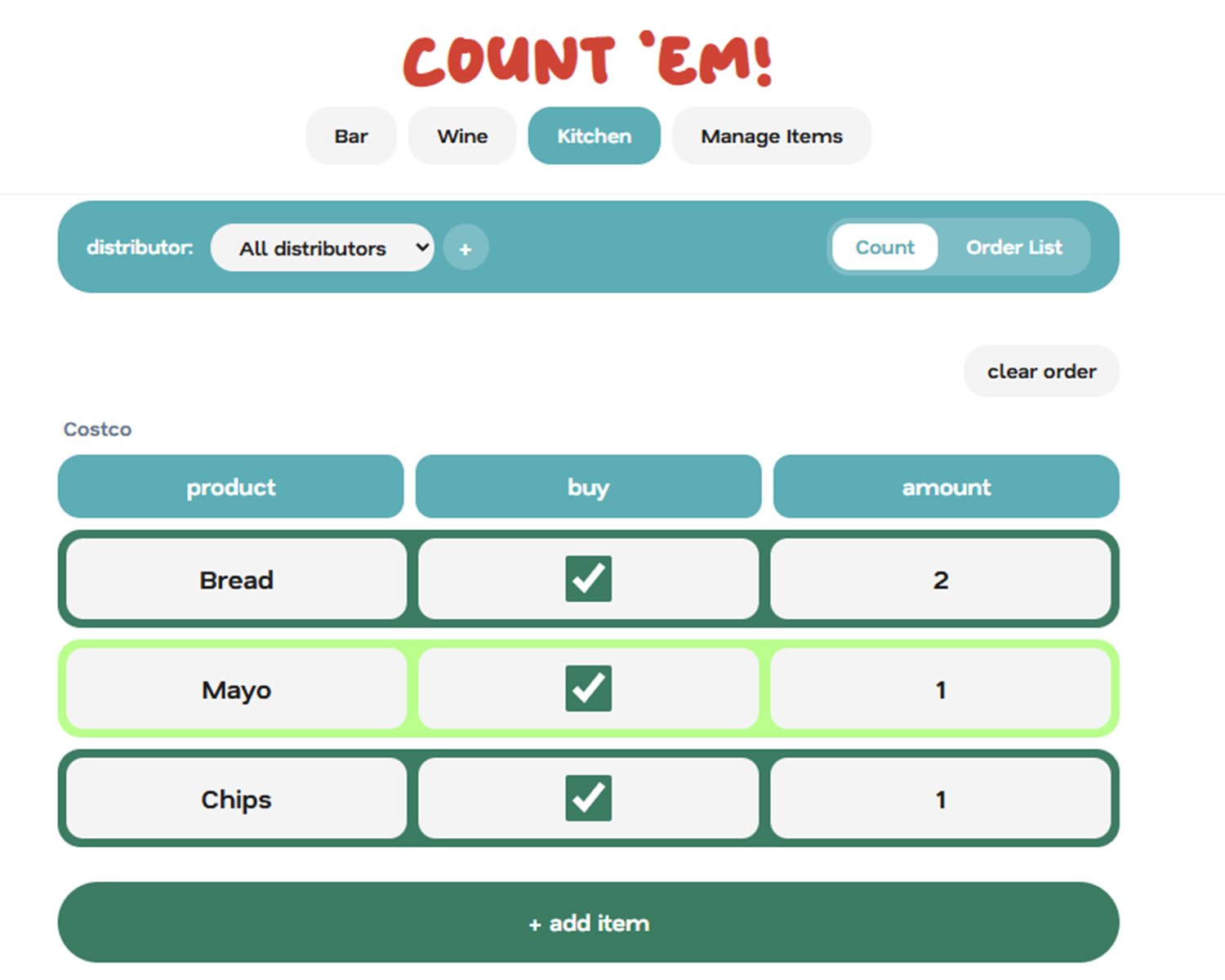 Kitchen buy-check screen showing Costco items with checkboxes and order amounts